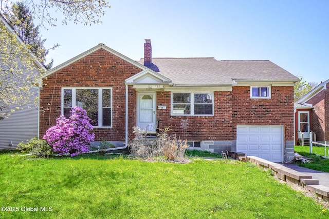 view of front of property with an attached garage, a front lawn, and a chimney