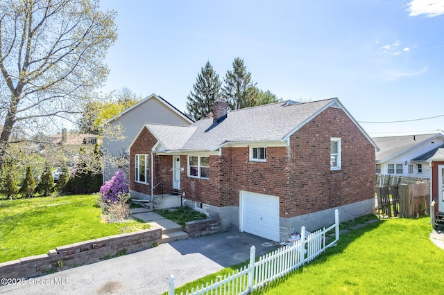 view of front of home with brick siding, fence private yard, driveway, and a chimney