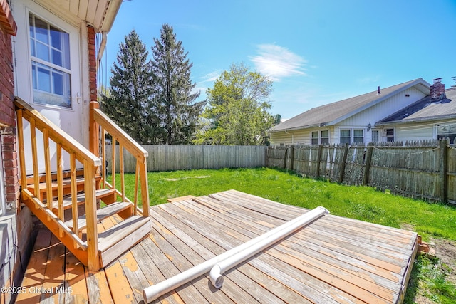 wooden deck featuring a fenced backyard and a yard