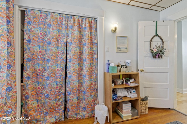 bathroom featuring wood finished floors and a shower with curtain