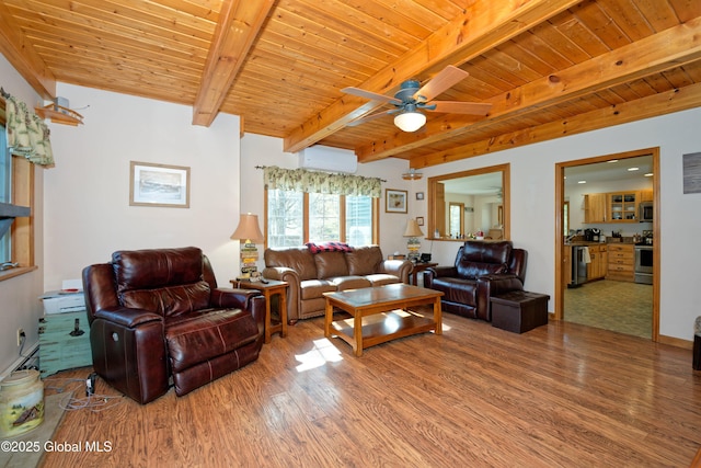 living room featuring ceiling fan, beam ceiling, a wall mounted air conditioner, wood finished floors, and wood ceiling