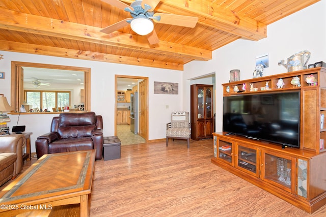 living room with wooden ceiling, beamed ceiling, a ceiling fan, and wood finished floors