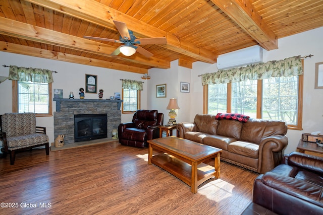 living area with beamed ceiling, a wall mounted AC, wood ceiling, and wood finished floors