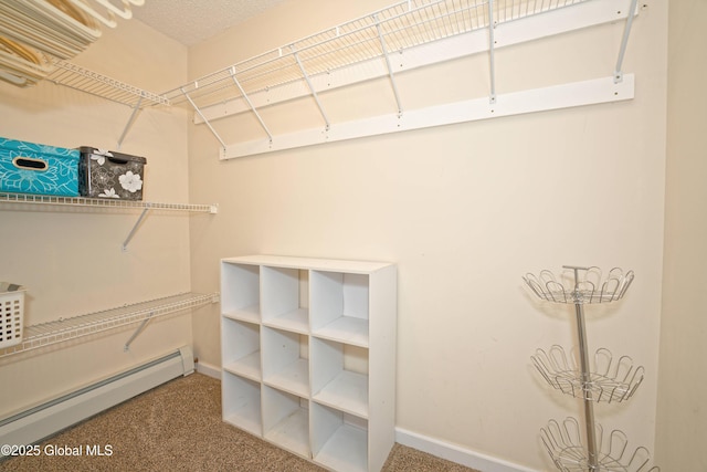 walk in closet featuring carpet flooring and a baseboard radiator