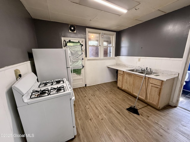 25-27 Caroline St, Amsterdam, NY 12010 - kitchen with white appliances, a drop ceiling, a wainscoted wall, a sink, and light wood-style flooring