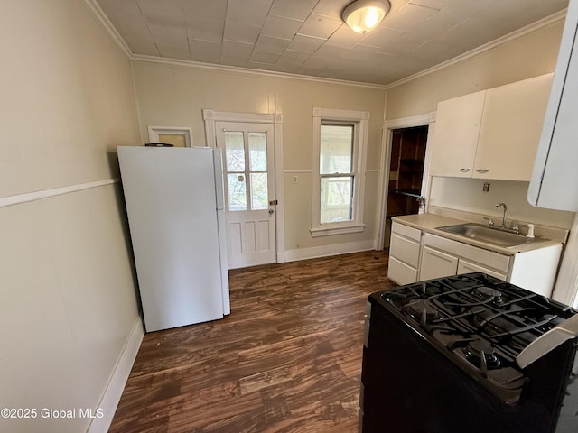 25-27 Caroline St, Amsterdam, NY 12010 - kitchen featuring freestanding refrigerator, black range with gas cooktop, crown molding, and a sink