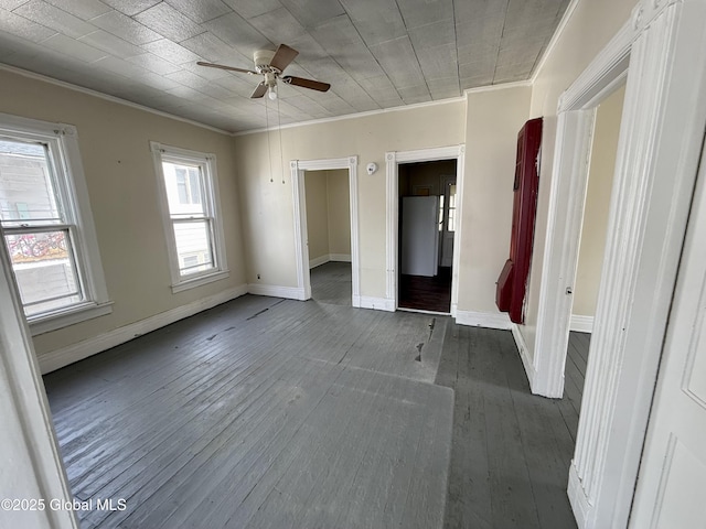 25-27 Caroline St, Amsterdam, NY 12010 - unfurnished bedroom with baseboards, ornamental molding, ceiling fan, and hardwood / wood-style flooring