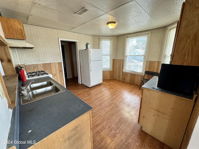 29 Park St, Fonda, NY 12068 - kitchen featuring visible vents, freestanding refrigerator, wood finished floors, wooden walls, and a sink