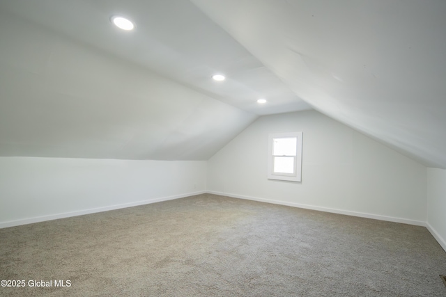 bonus room with baseboards, carpet flooring, vaulted ceiling, and recessed lighting