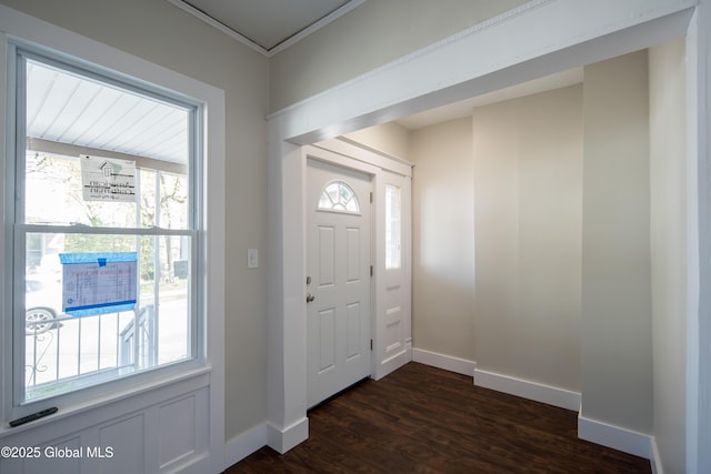 foyer featuring a healthy amount of sunlight, baseboards, ornamental molding, and dark wood-type flooring