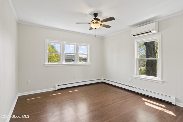 unfurnished room with crown molding, wood finished floors, a wall mounted air conditioner, baseboard heating, and a ceiling fan