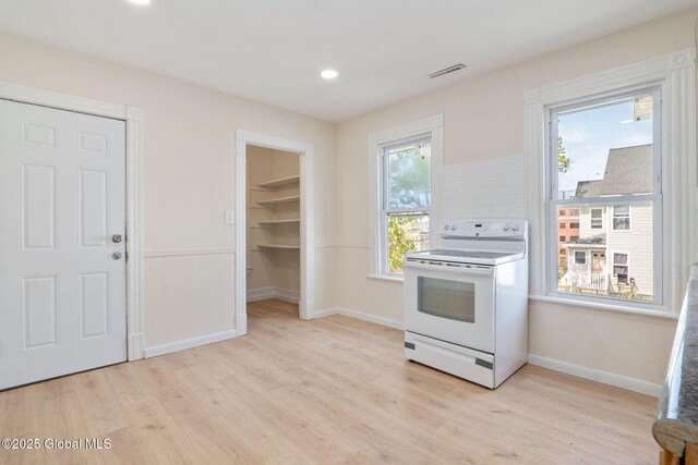 5 Barney St, Schenectady, NY 12307 - kitchen with white range with electric cooktop, light wood-style flooring, recessed lighting, baseboards, and visible vents
