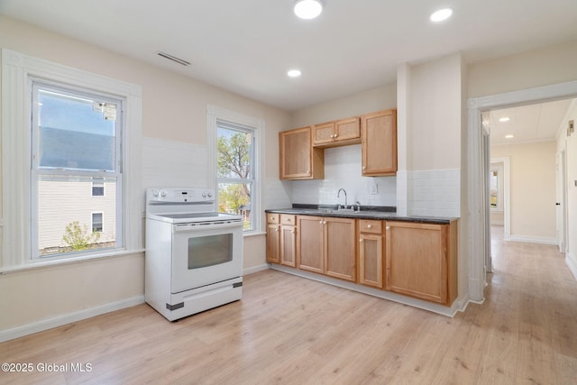 5 Barney St, Schenectady, NY 12307 - kitchen featuring visible vents, dark countertops, white electric range, light wood-type flooring, and backsplash