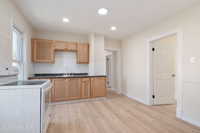 5 Barney St, Schenectady, NY 12307 - kitchen featuring decorative backsplash, electric range, dark countertops, a sink, and light wood-style floors