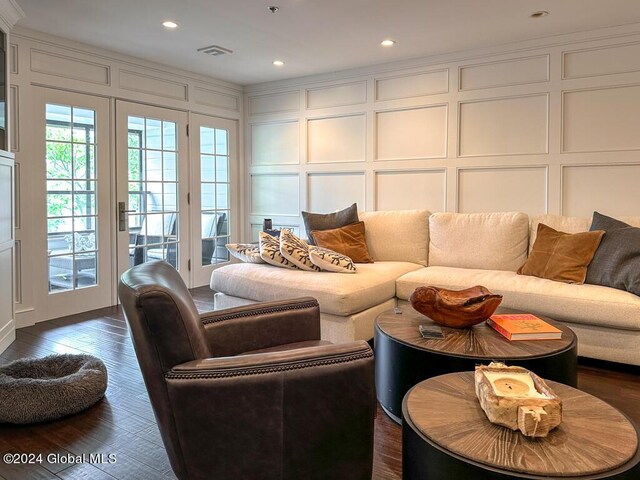 5A6 Sagamore Rd, Bolton, NY 12814 - living area with dark wood-style flooring, recessed lighting, visible vents, and a decorative wall