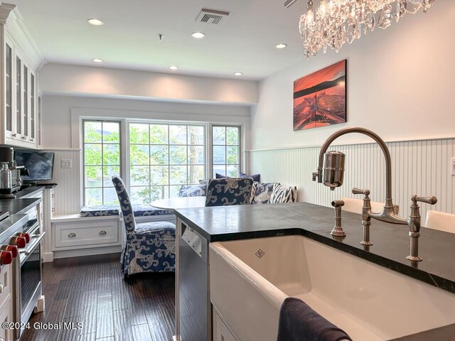 5A6 Sagamore Rd, Bolton, NY 12814 - kitchen featuring a sink, wainscoting, and dark countertops