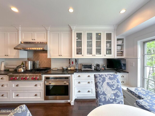 5A6 Sagamore Rd, Bolton, NY 12814 - kitchen with a toaster, stainless steel appliances, white cabinetry, and under cabinet range hood