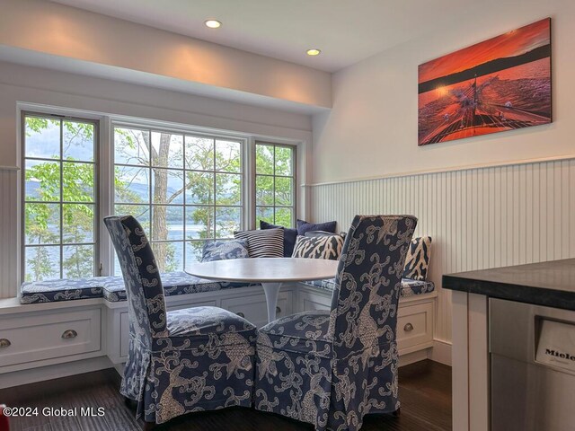 5A6 Sagamore Rd, Bolton, NY 12814 - dining room featuring recessed lighting, dark wood-style floors, and a wainscoted wall