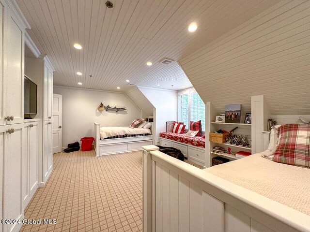 5A6 Sagamore Rd, Bolton, NY 12814 - bedroom featuring recessed lighting, wood ceiling, and light carpet