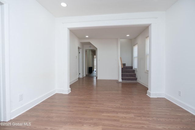 1538 Nott St, Schenectady, NY 12308 - empty room featuring light wood finished floors, stairway, recessed lighting, and baseboards