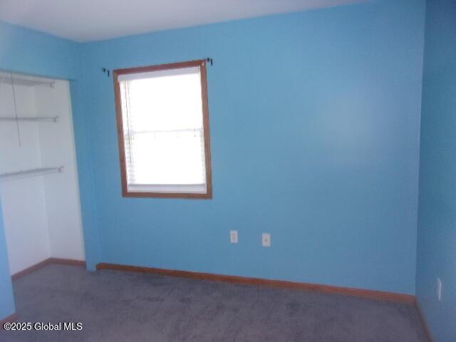 unfurnished bedroom featuring carpet floors, baseboards, and a closet