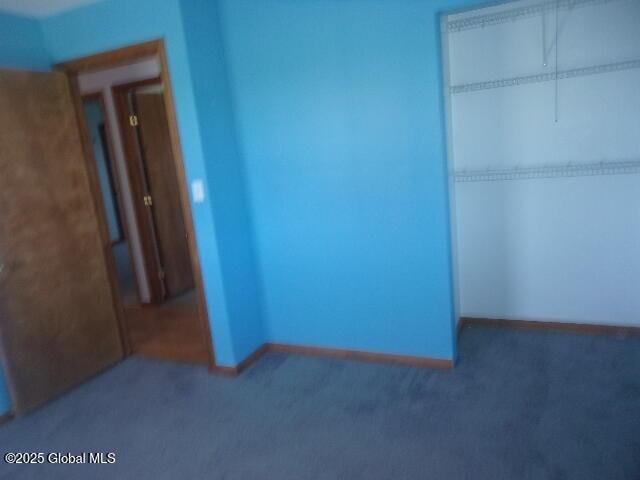 unfurnished bedroom with carpet floors, baseboards, and a closet