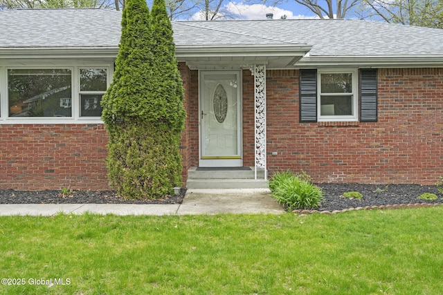 doorway to property with a shingled roof, brick siding, and a yard
