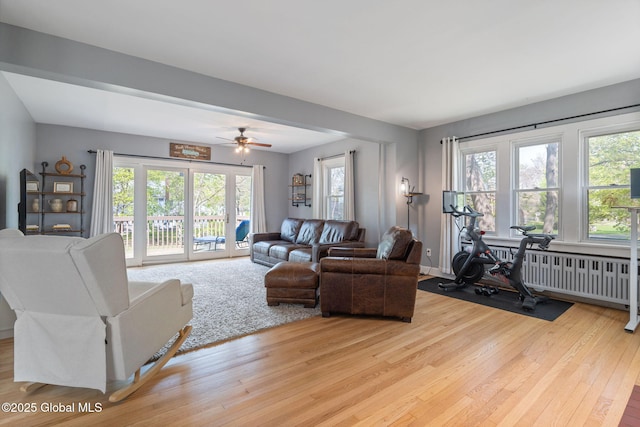 living area with a ceiling fan, wood finished floors, and radiator