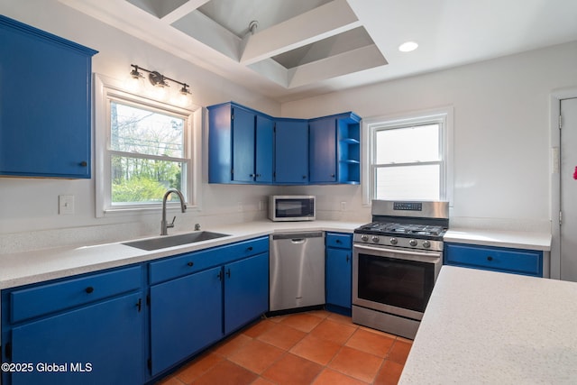 kitchen with light countertops, a sink, blue cabinets, and stainless steel appliances