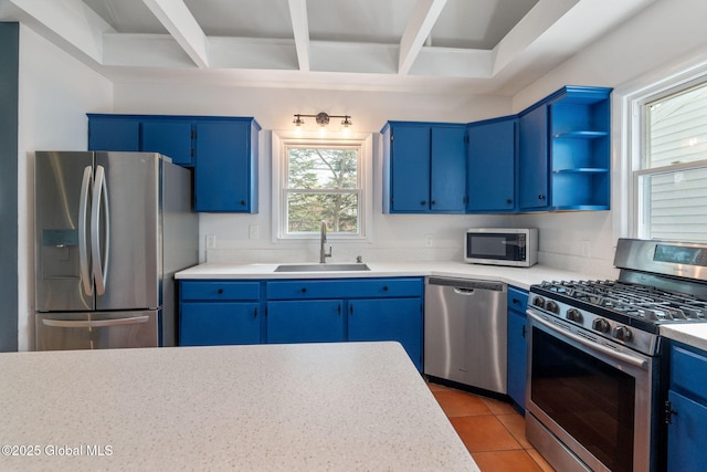 kitchen featuring a sink, light countertops, stainless steel appliances, and blue cabinets