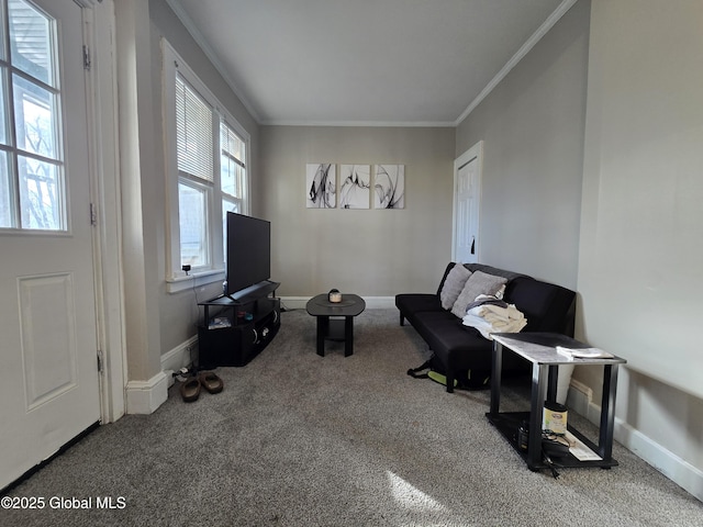 interior space with crown molding, carpet flooring, and baseboards