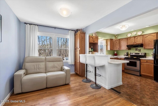 67 Fairlawn Dr, Colonie, NY 12110 - kitchen featuring electric range, under cabinet range hood, light countertops, open floor plan, and freestanding refrigerator
