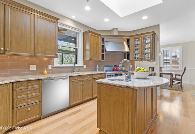 73 Railroad Pl Unit 403-404, Saratoga Springs, Inside, NY 12866 - kitchen with dishwasher, a sink, under cabinet range hood, light wood-type flooring, and recessed lighting
