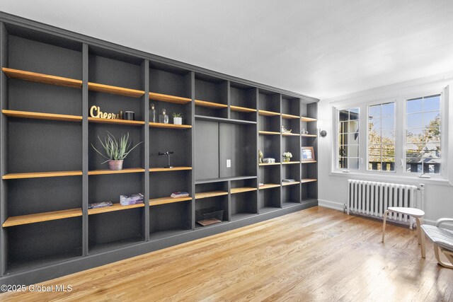 interior space with wood finished floors, baseboards, and radiator heating unit