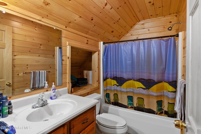 373 County Route 42, Fort Edward, NY 12828 - bathroom featuring toilet, wood ceiling, wood walls, vanity, and vaulted ceiling