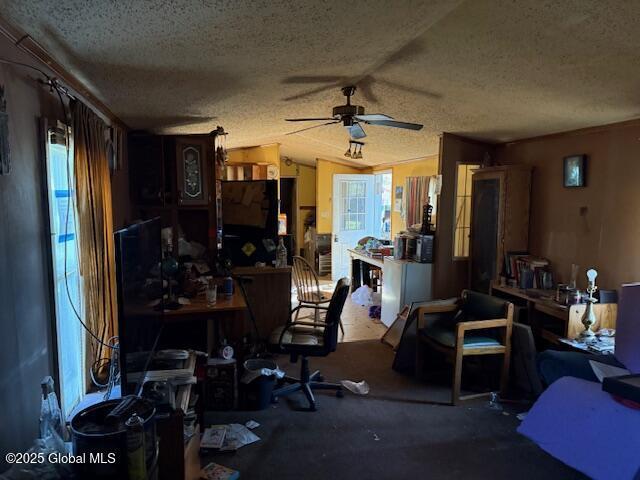 office space with carpet flooring, a textured ceiling, ceiling fan, and lofted ceiling