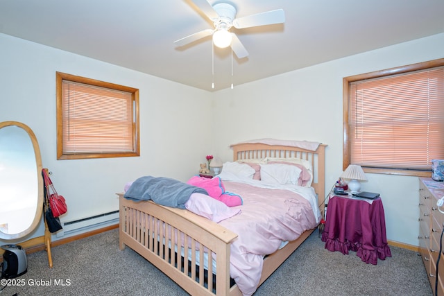 carpeted bedroom featuring a ceiling fan, baseboards, and a baseboard radiator