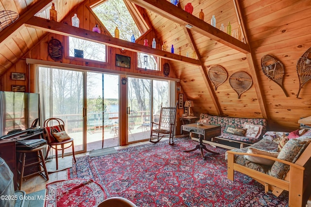 living area with beamed ceiling, wooden ceiling, and high vaulted ceiling
