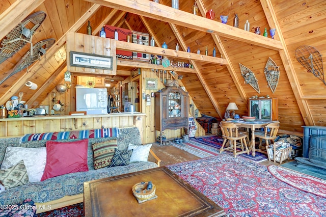 living room featuring wooden walls, wood ceiling, and lofted ceiling with beams