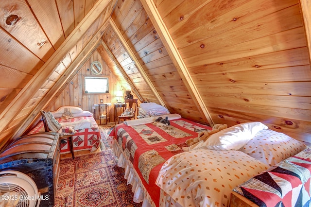 bedroom featuring wooden walls, wooden ceiling, and lofted ceiling
