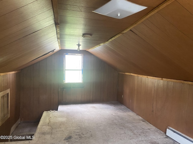 18751 State Route 22, Petersburgh, NY 12138 - additional living space featuring a baseboard heating unit, wooden walls, lofted ceiling, and carpet floors