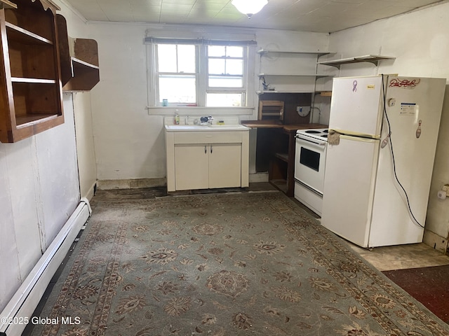 18751 State Route 22, Petersburgh, NY 12138 - kitchen featuring white appliances, open shelves, and baseboard heating