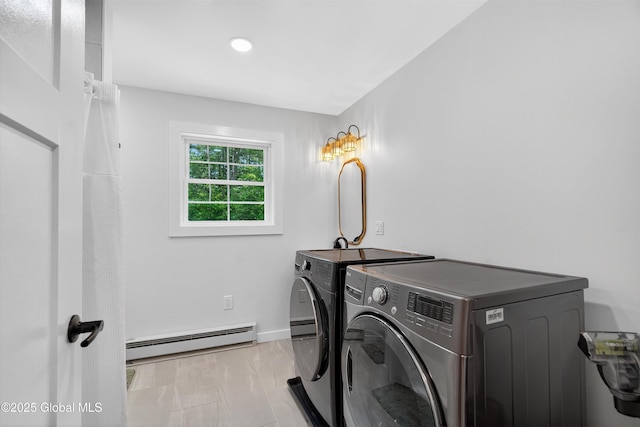 175 Library Ave, Warrensburg, NY 12885 - washroom with a baseboard heating unit, washer and clothes dryer, and recessed lighting