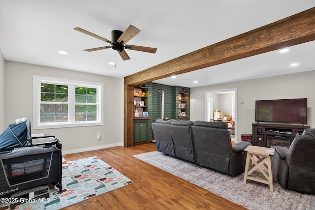 175 Library Ave, Warrensburg, NY 12885 - living room featuring a ceiling fan, wood finished floors, recessed lighting, and beam ceiling
