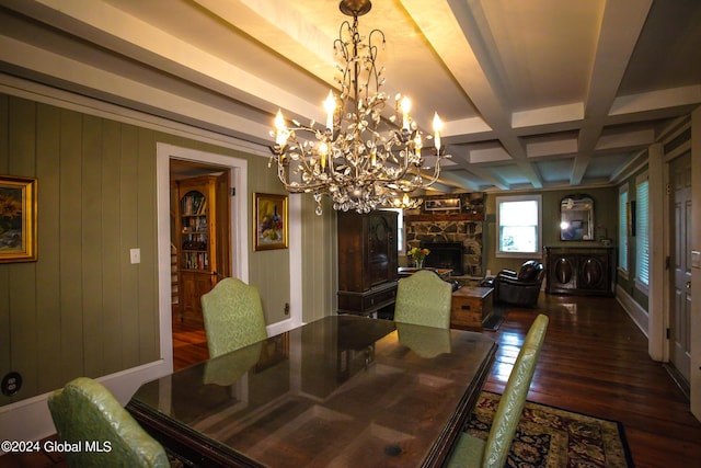 dining room with a fireplace, beamed ceiling, a notable chandelier, coffered ceiling, and dark wood-type flooring