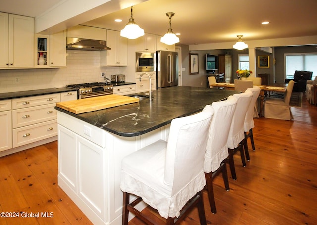 kitchen with hardwood / wood-style floors, a breakfast bar area, under cabinet range hood, a sink, and stainless steel appliances