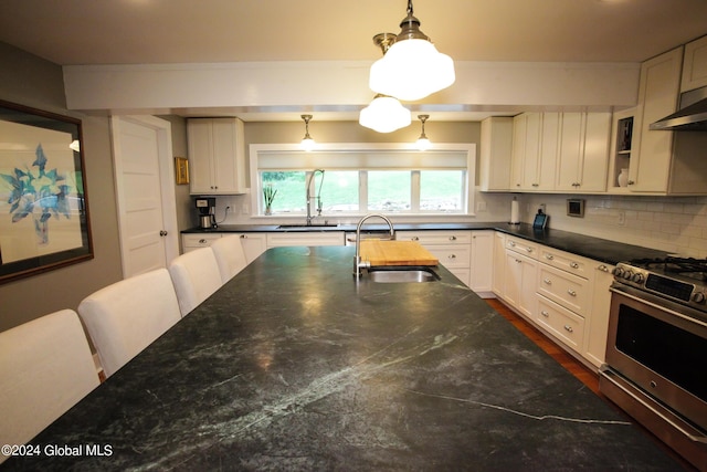 kitchen with stainless steel gas range, a wealth of natural light, a sink, and tasteful backsplash