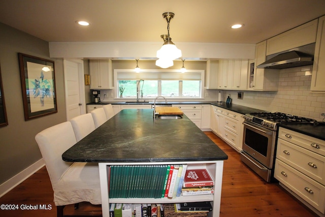 kitchen featuring a sink, stainless steel range with gas stovetop, recessed lighting, backsplash, and under cabinet range hood
