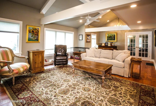 living room with recessed lighting, french doors, lofted ceiling with beams, and wood finished floors