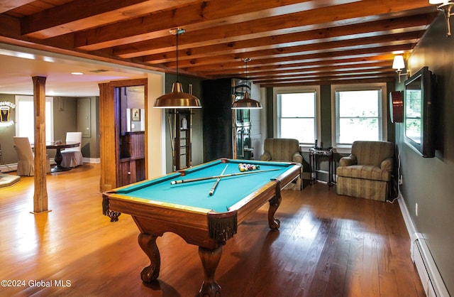 game room featuring billiards, wood finished floors, baseboards, a baseboard radiator, and beamed ceiling